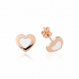 rose gold heart stud earring with white inlay on white background