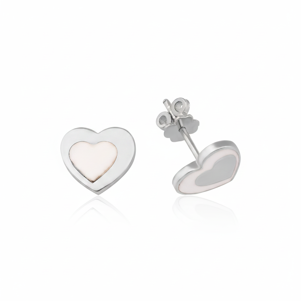 white gold heart stud earring with white inlay on white background