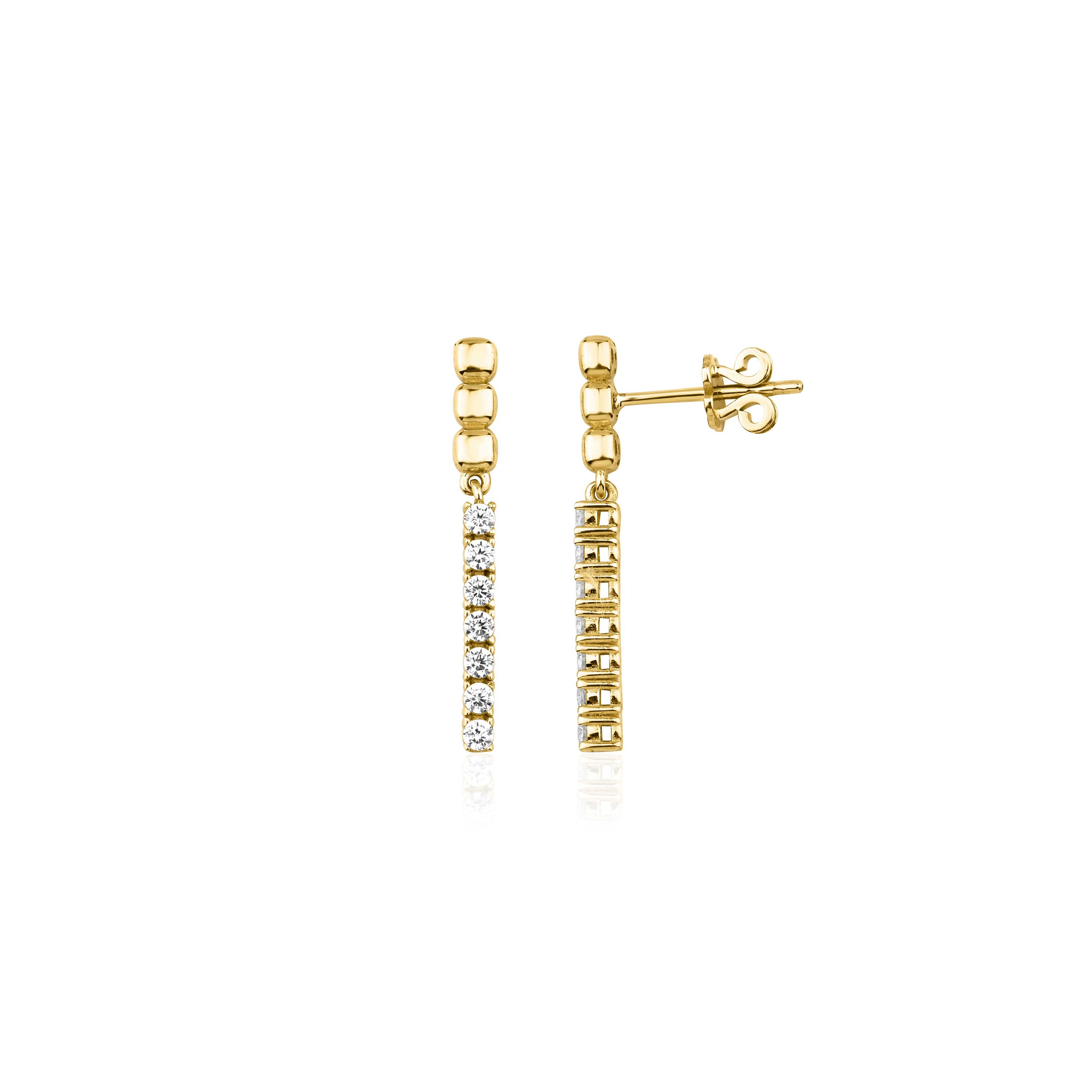yellow gold beaded bar drop earring with White CZ stones on white background
