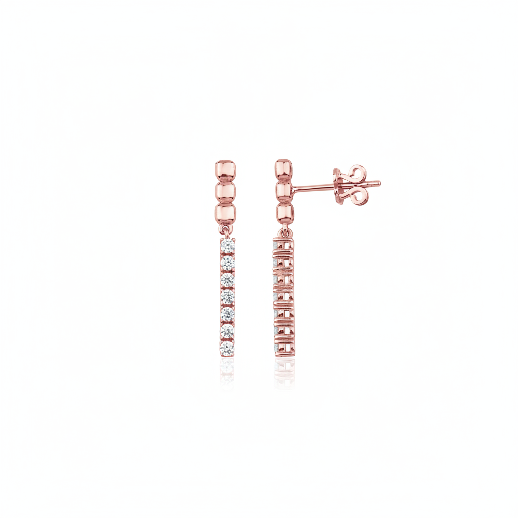 rose gold beaded bar drop earring with White CZ stones on white background