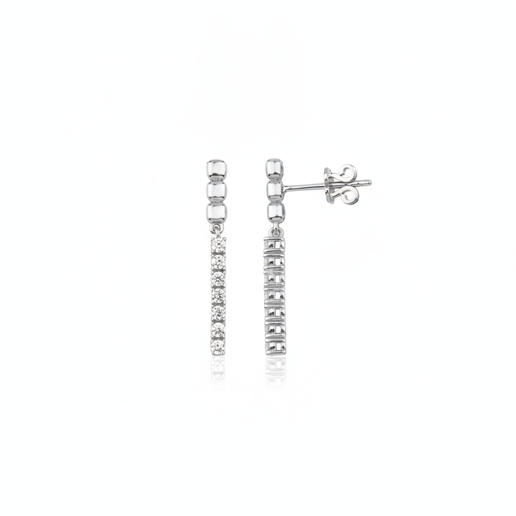 white gold beaded bar drop earring with White CZ stones on white background