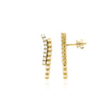 yellow gold beaded curve earrings with clear stones on white background