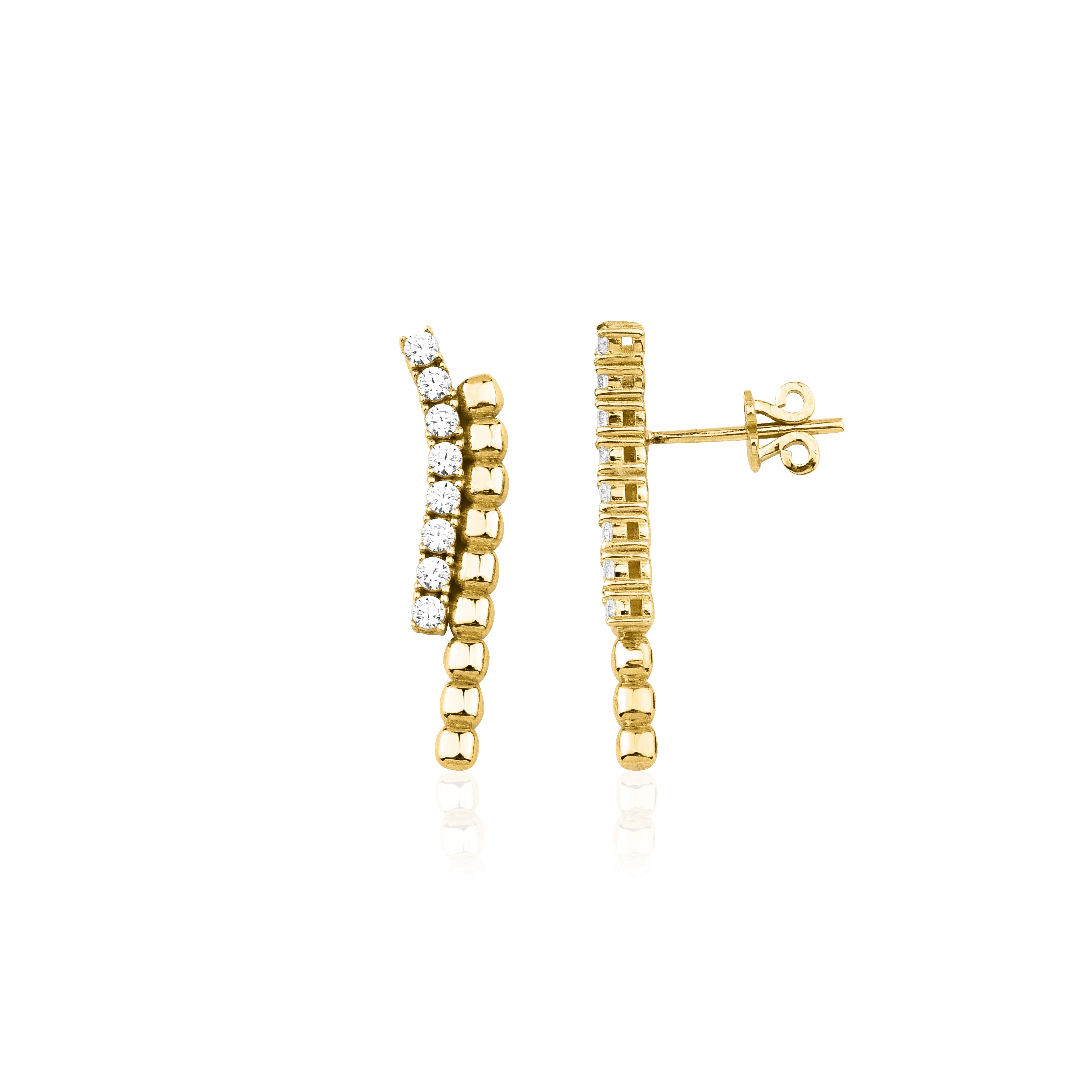 yellow gold beaded curve earrings with clear stones on white background