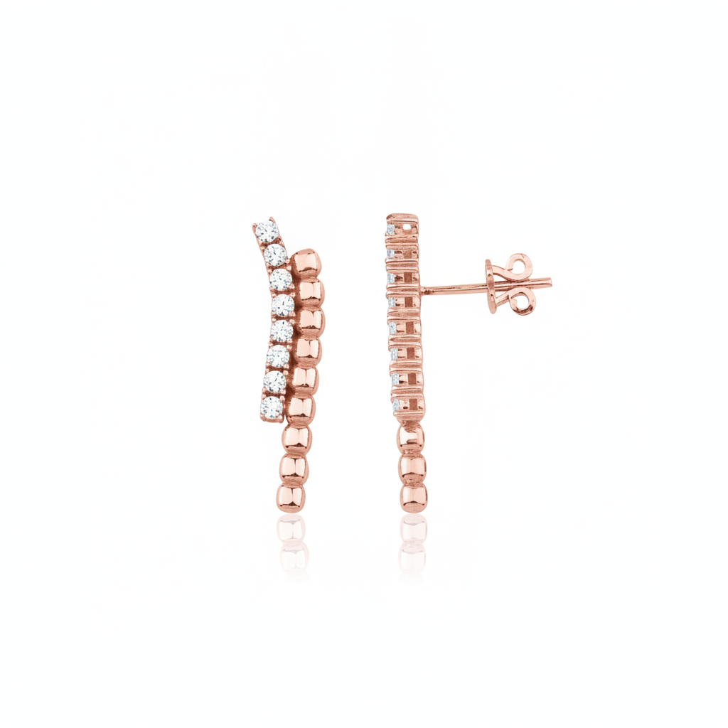 rose gold beaded curve earrings with clear stones on white background