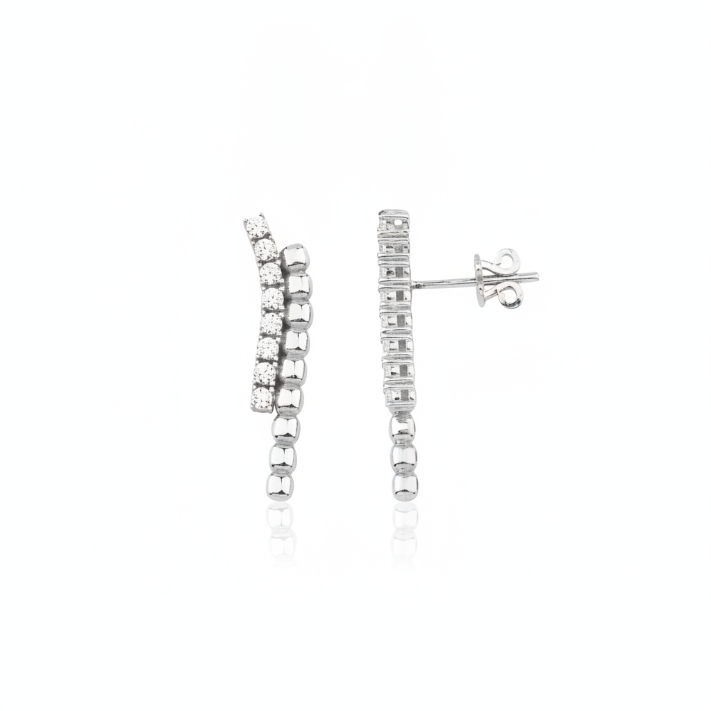 white gold beaded curve earrings with clear stones on white background