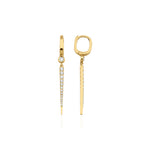 yellow gold huggie hoop earrings with a tapered pave spike drop on white background