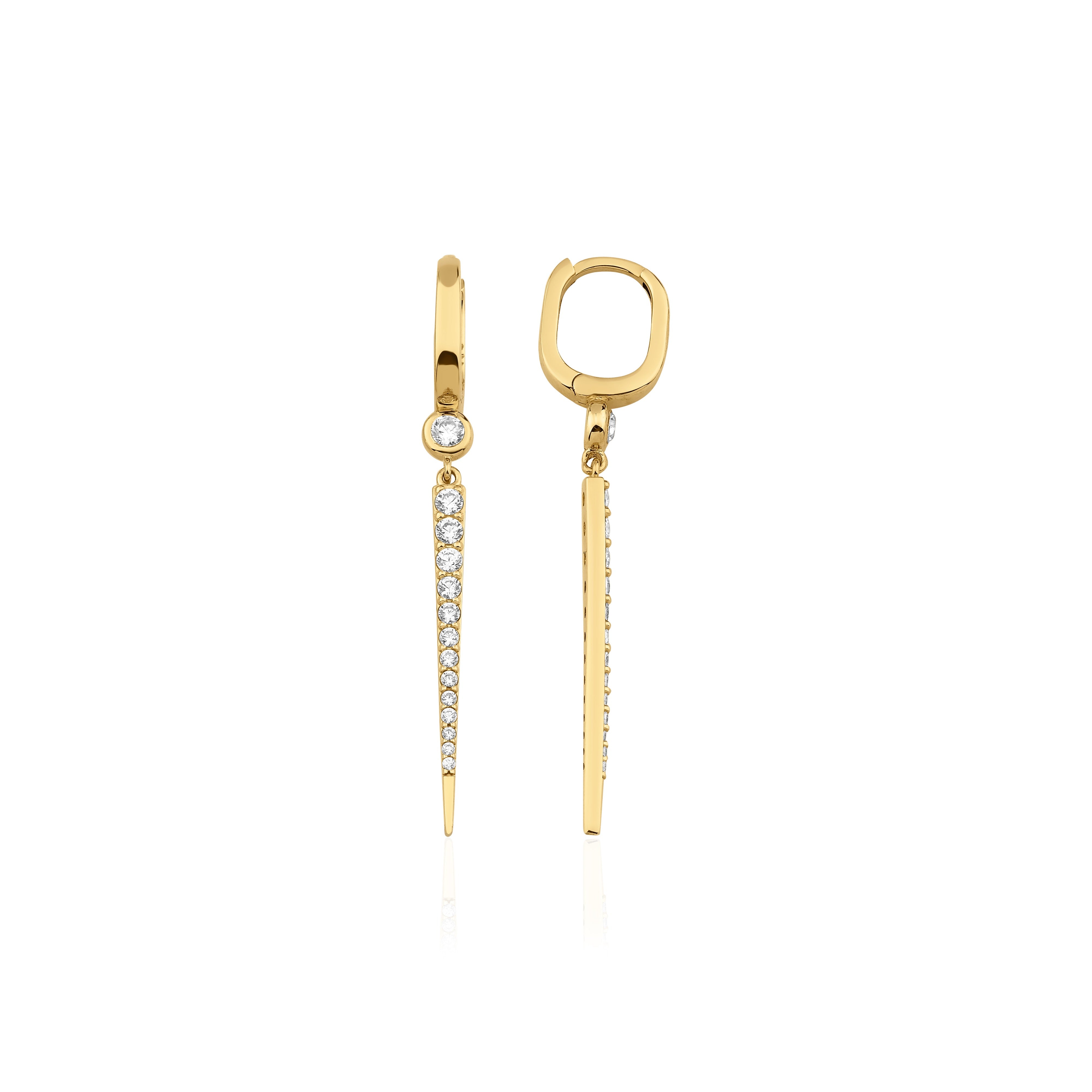 yellow gold huggie hoop earrings with a tapered pave spike drop on white background