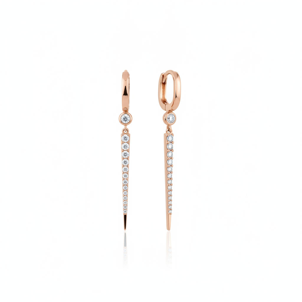 rose gold huggie hoop earrings with a tapered pave spike drop on white background