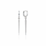 white gold huggie hoop earrings with a tapered pave spike drop on white background