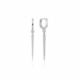 white gold huggie hoop earrings with a tapered pave spike drop on white background