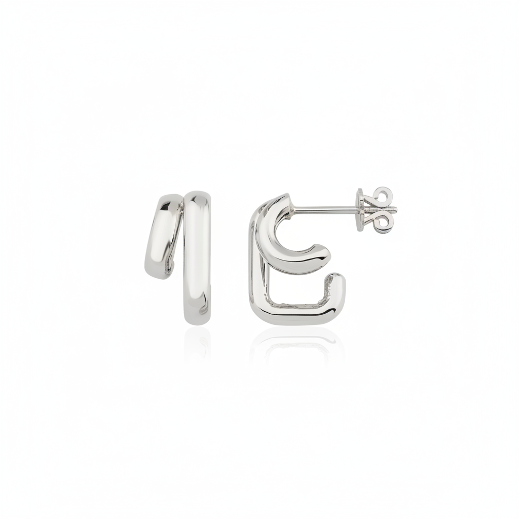 white gold double arch stud earrings on white background
