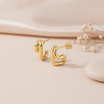 gold double arch stud earrings styled with dried baby's breath flowers on a blush background