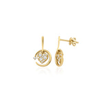 yellow gold circle drop earrings with a pave heart charm on white background