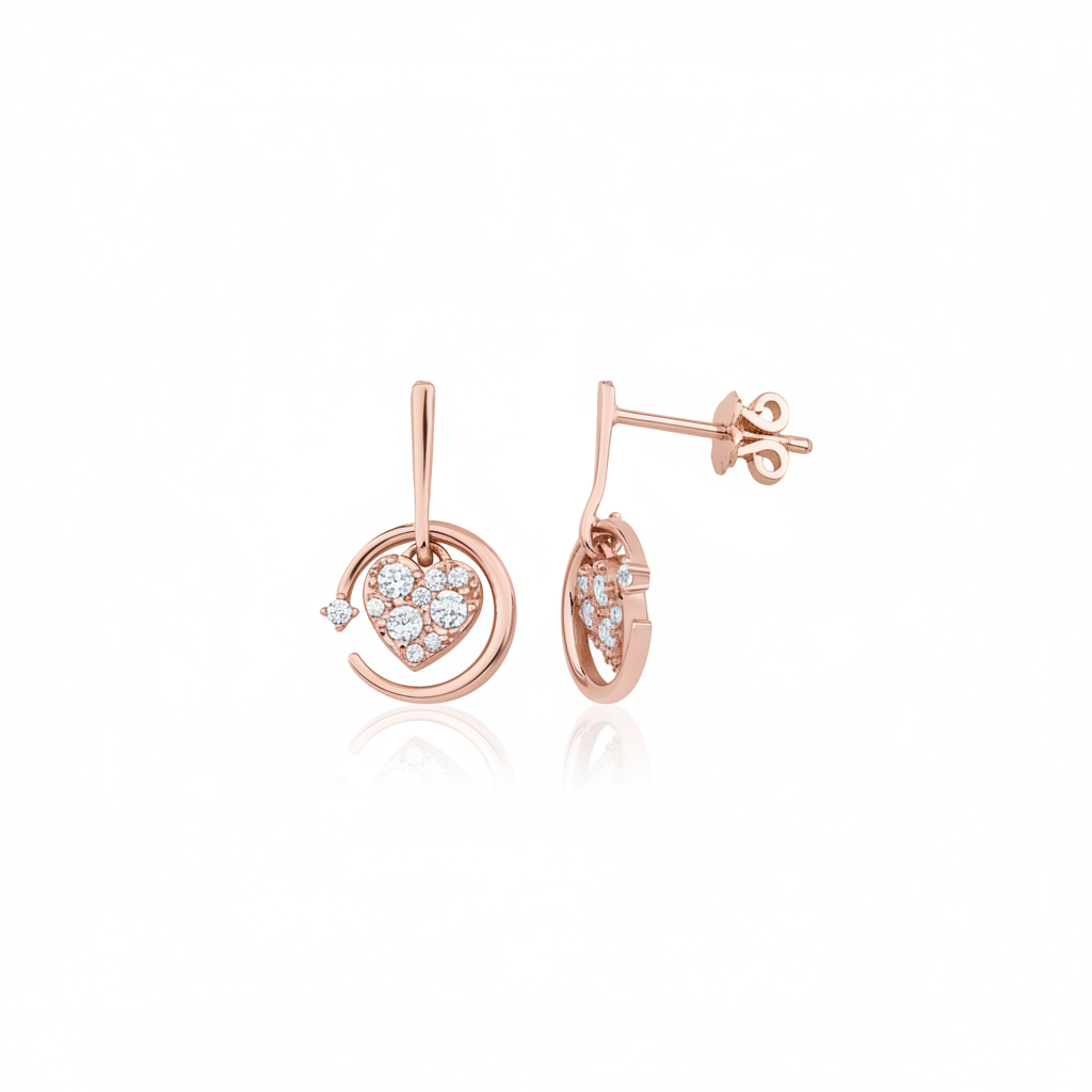 rose gold circle drop earrings with a pave heart charm on white background
