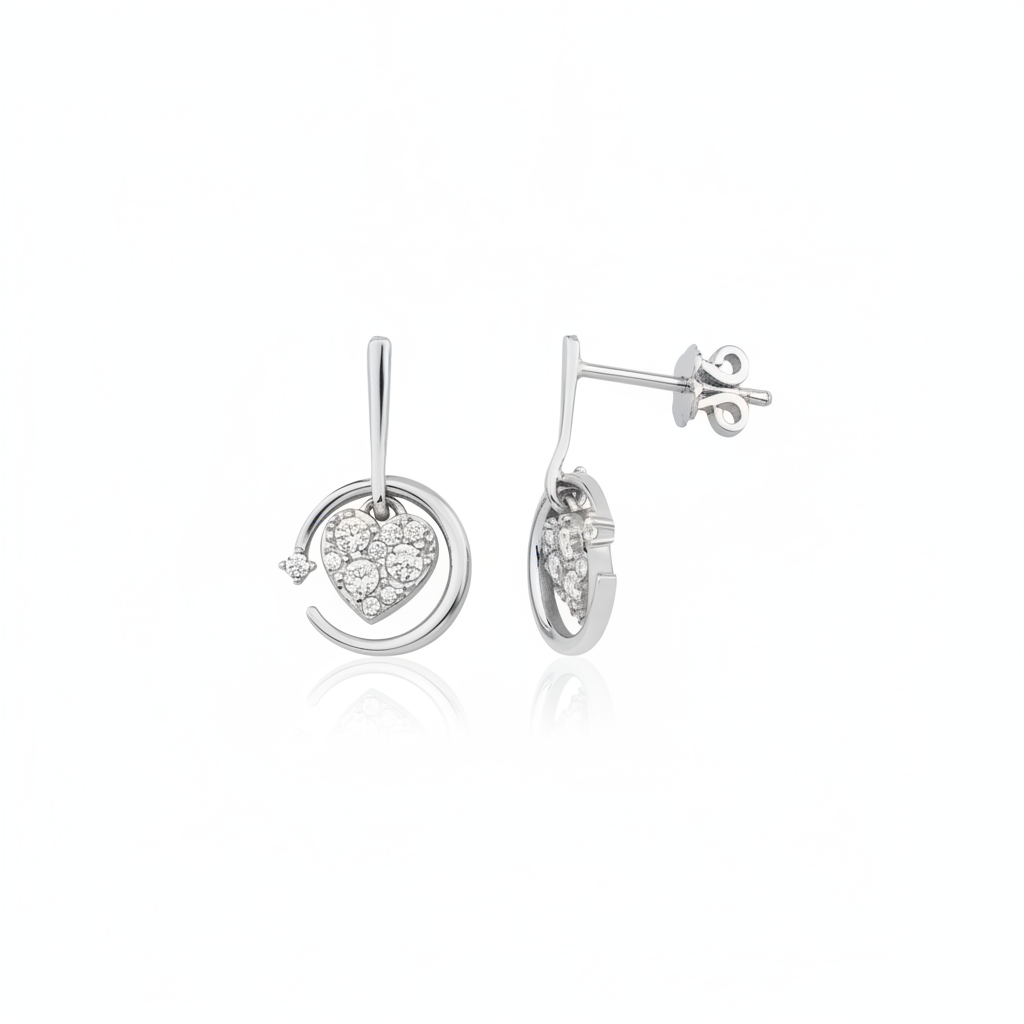 white gold circle drop earrings with a pave heart charm on white background