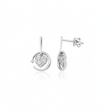 white gold circle drop earrings with a pave heart charm on white background