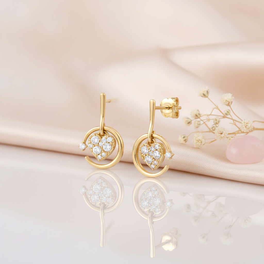 gold circle drop earrings with a pave heart charm, styled with dried flowers and a rose quartz stone on a blush background with mirrored reflection