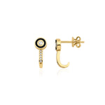 yellow gold J-hook earrings with a black enamel halo and pave drop on white background