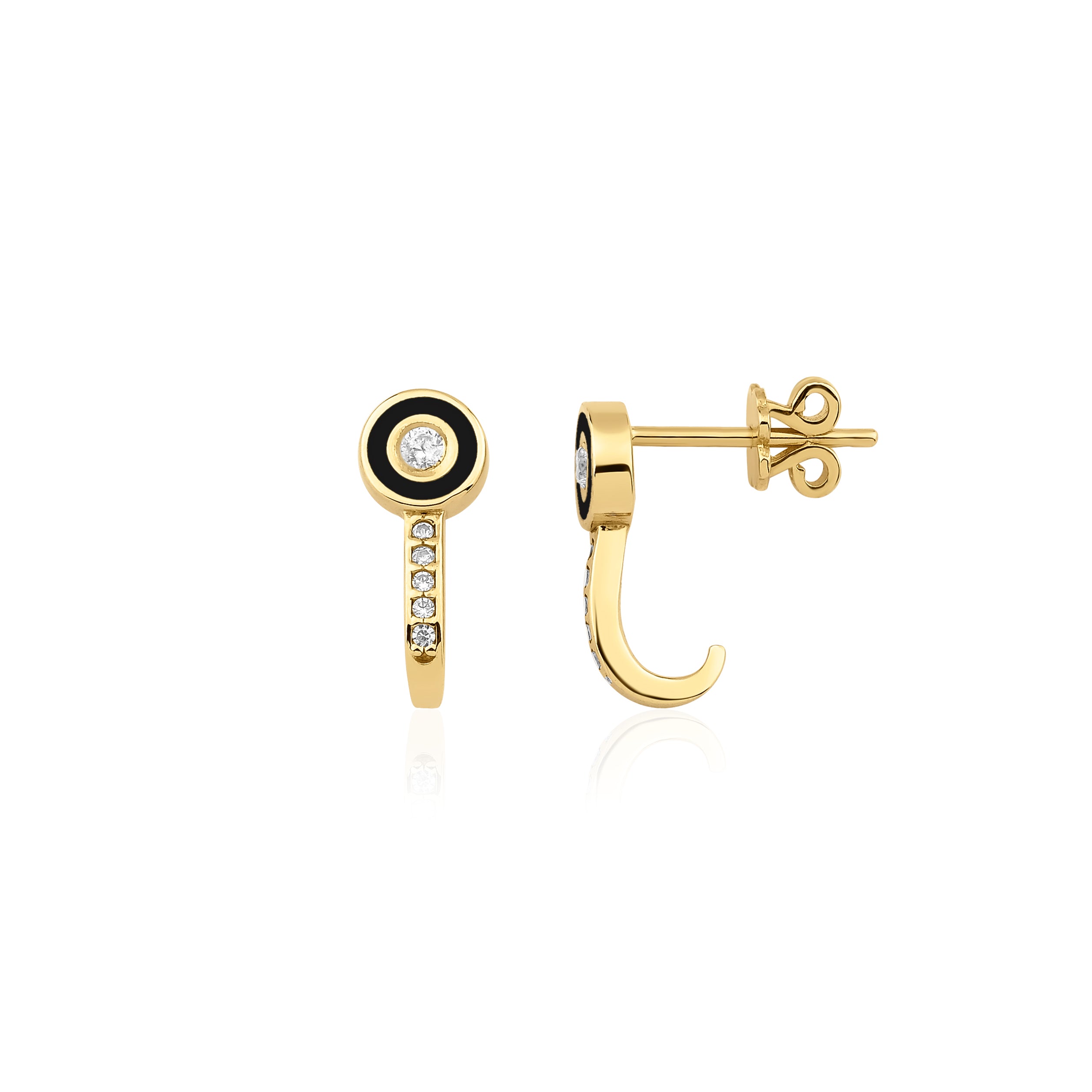 yellow gold J-hook earrings with a black enamel halo and pave drop on white background