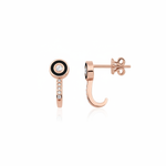 rose gold J-hook earrings with a black enamel halo and pave drop on white background