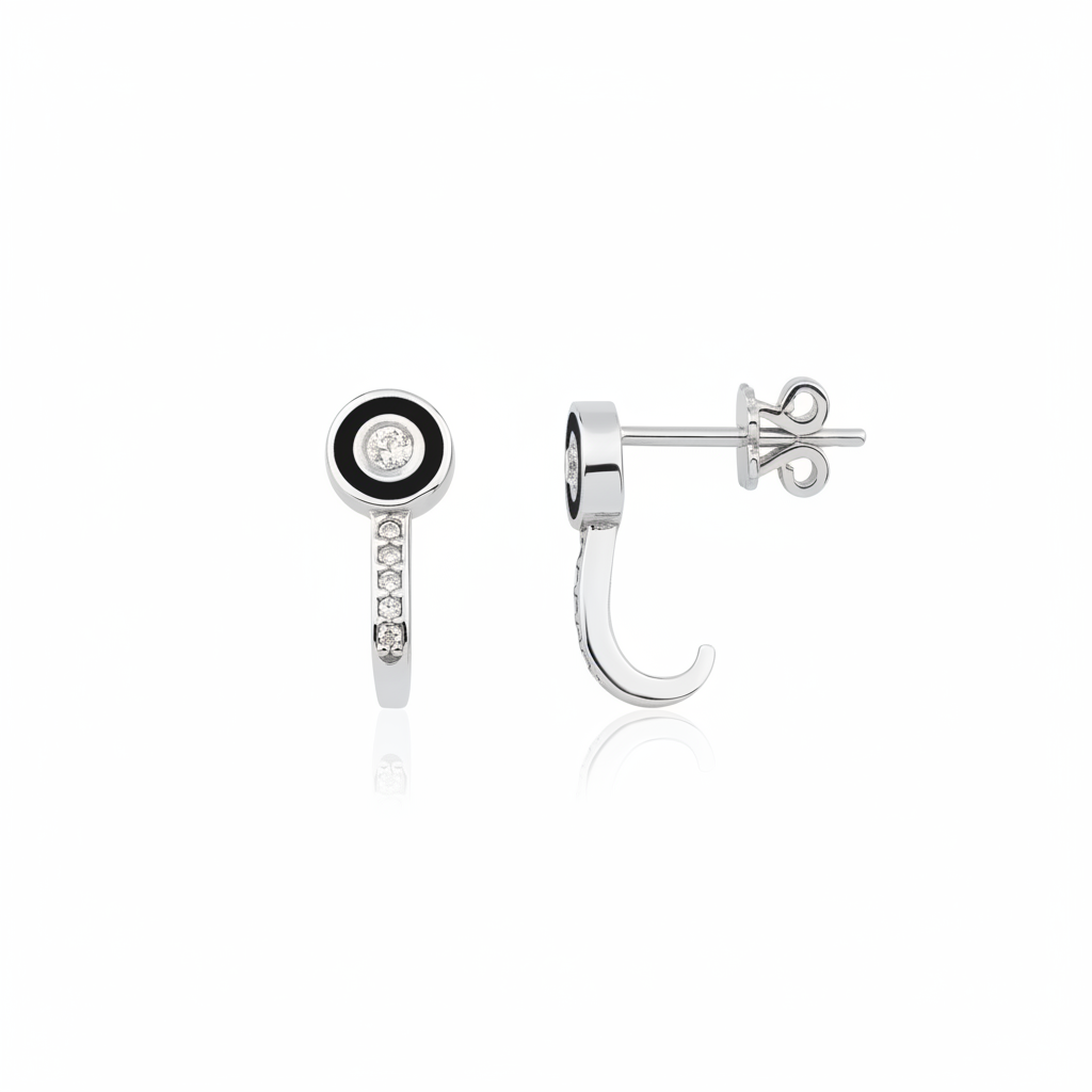 white gold J-hook earrings with a black enamel halo and pave drop on white background