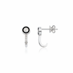 white gold J-hook earrings with a black enamel halo and pave drop on white background