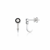 white gold J-hook earrings with a black enamel halo and pave drop on white background