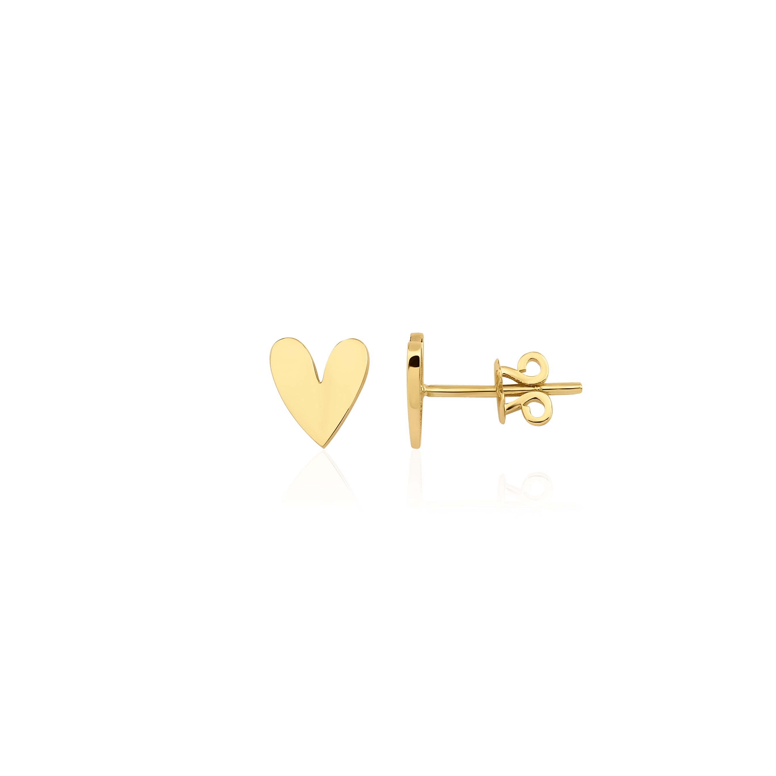 yellow gold asymmetric heart stud earrings on white background