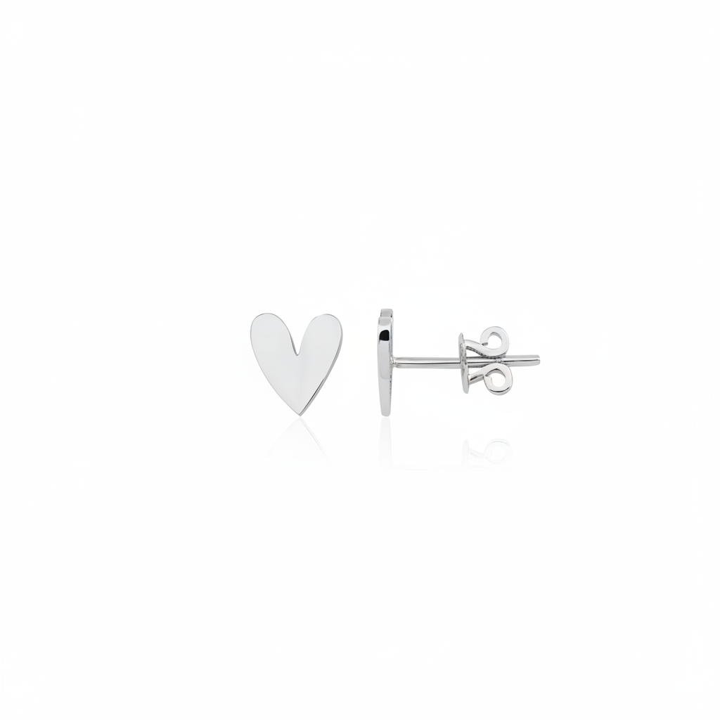white gold asymmetric heart stud earrings on white background