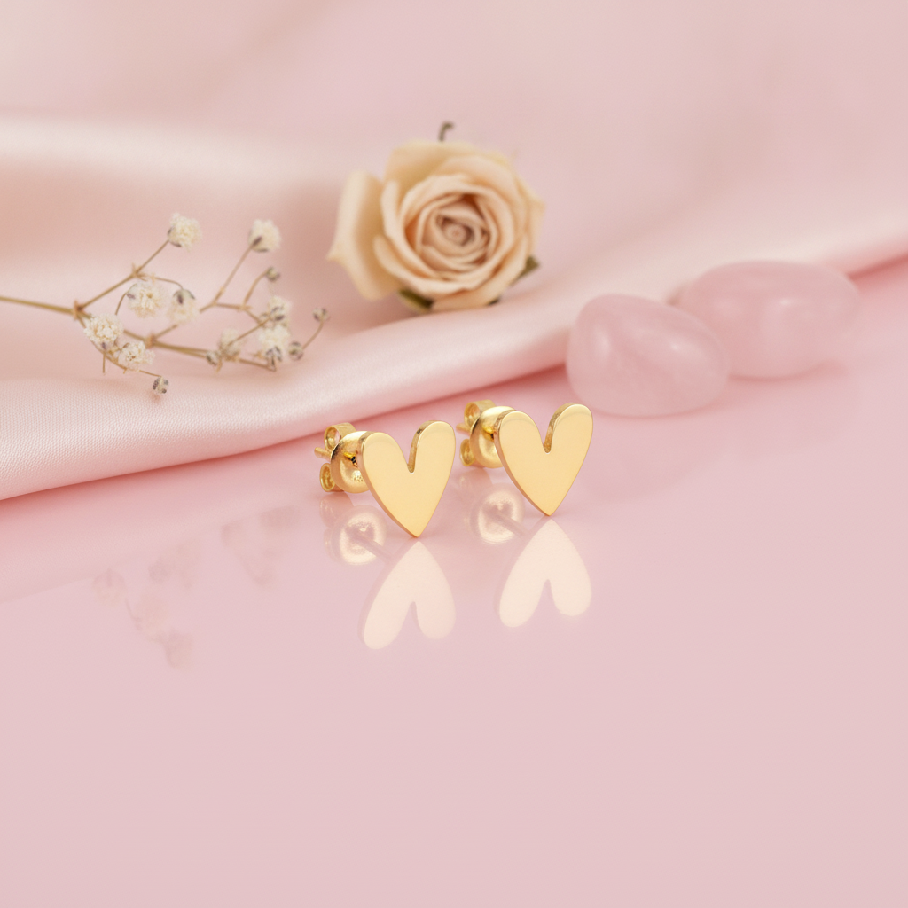 solid gold asymmetric heart stud earrings styled with a rose and rose quartz stones on a pink background