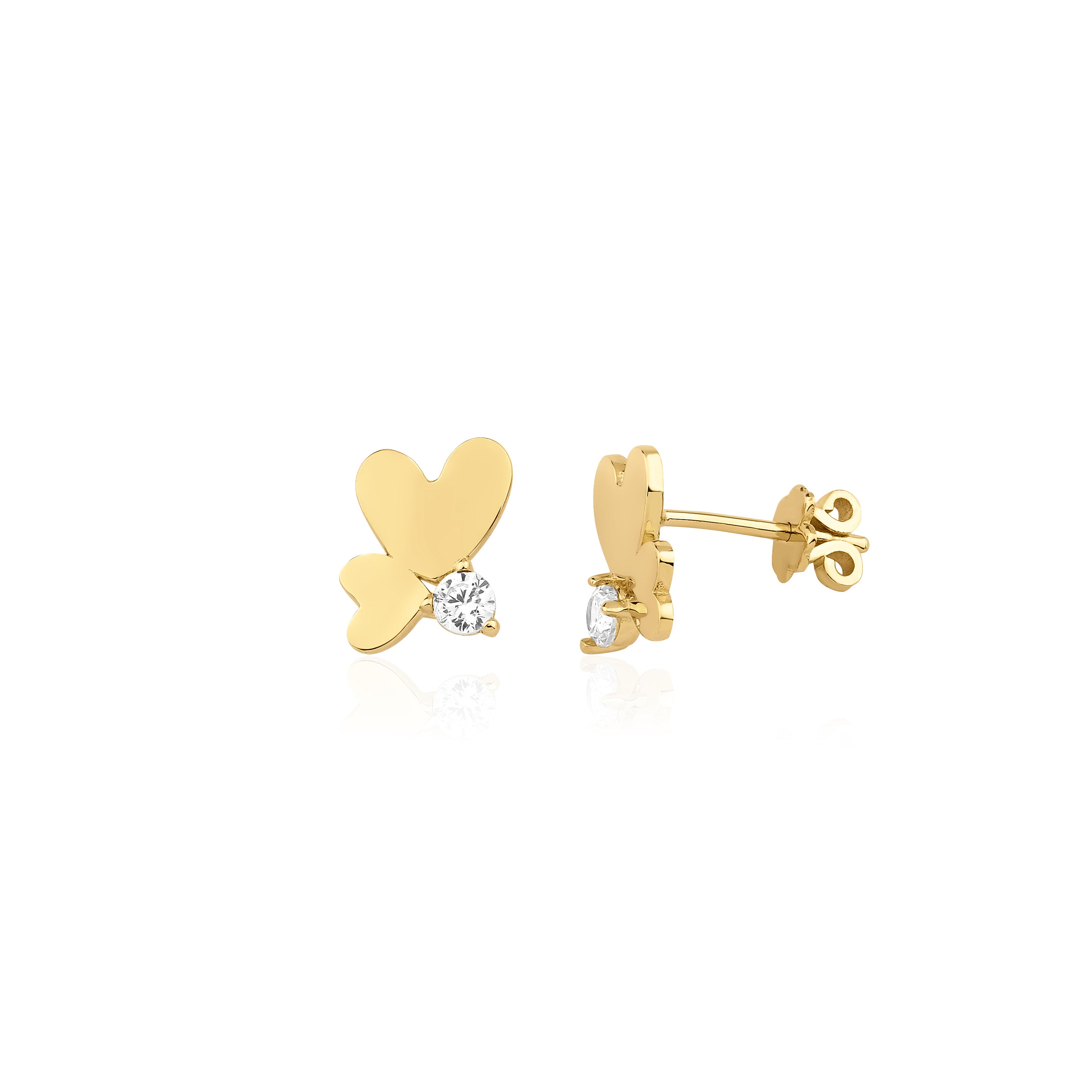 yellow gold butterfly wing stud earrings on white background