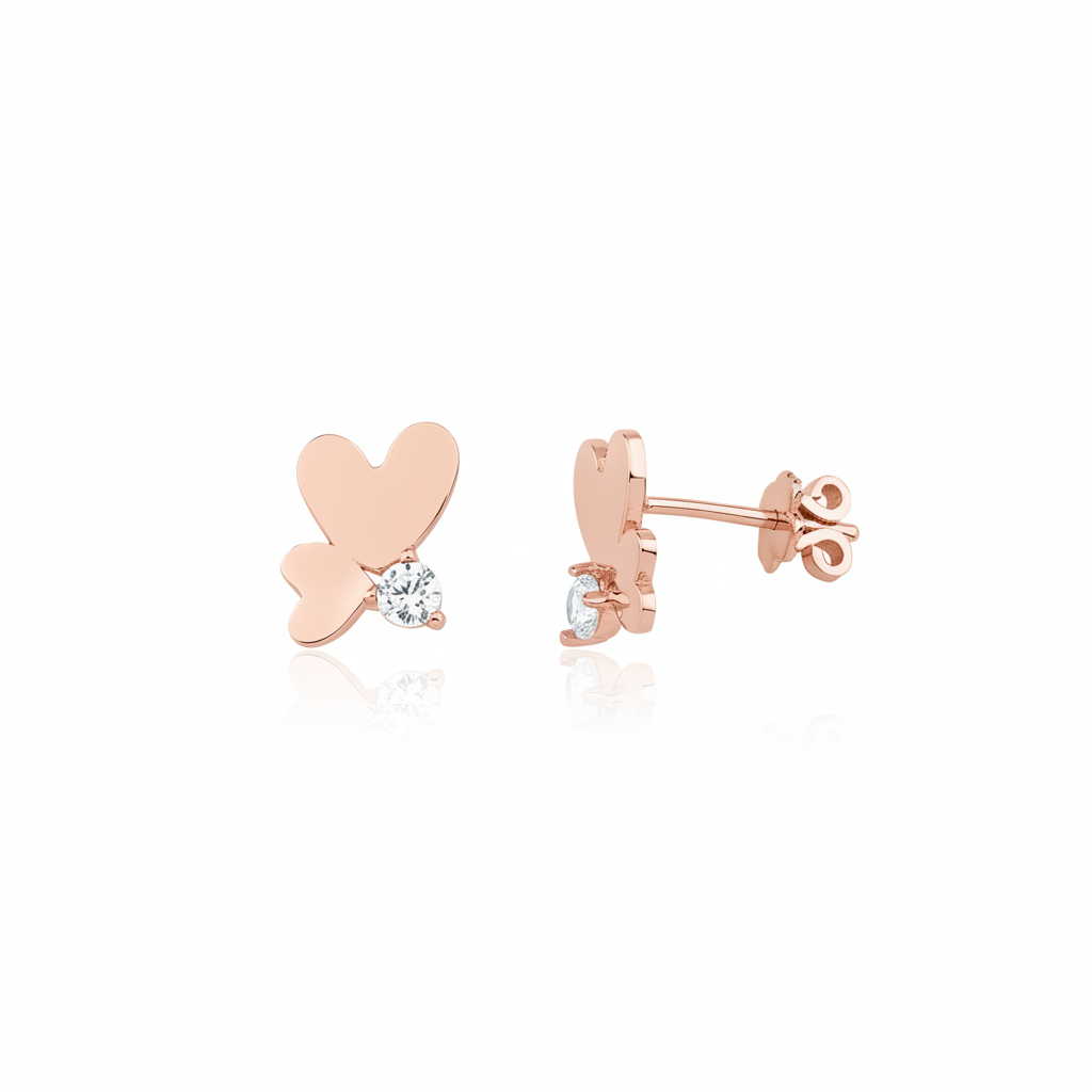 rose gold butterfly wing stud earrings on white background