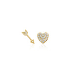 yellow gold heart and arrow stud earrings on white background