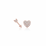 rose gold heart and arrow stud earrings on white background