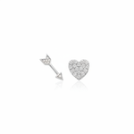 white gold heart and arrow stud earrings on white background