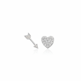 white gold heart and arrow stud earrings on white background