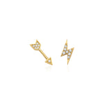 yellow gold arrow and lightning bolt stud earrings on white background