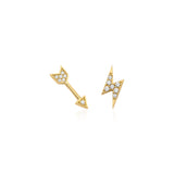 yellow gold arrow and lightning bolt stud earrings on white background