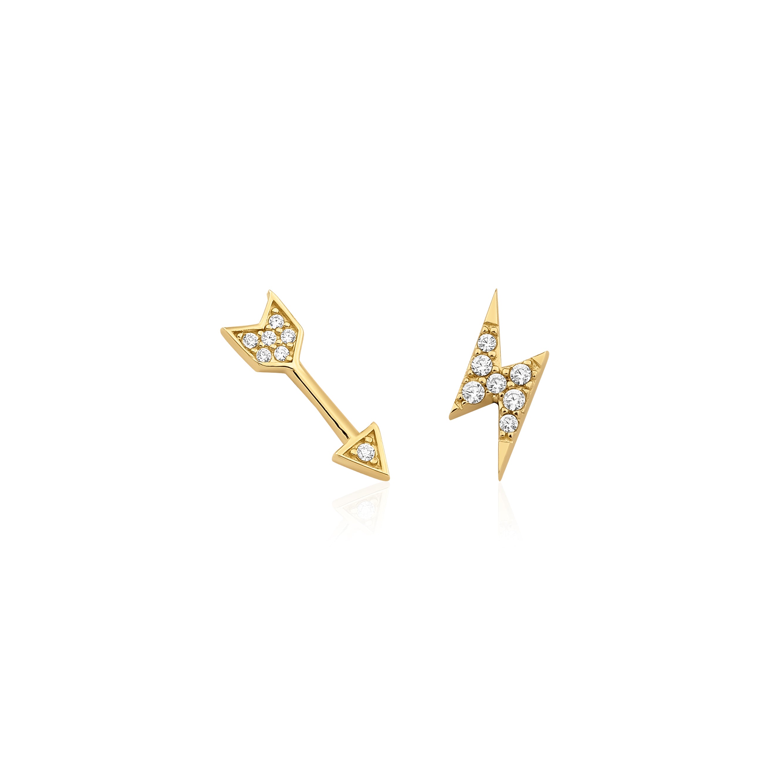 yellow gold arrow and lightning bolt stud earrings on white background