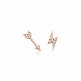 rose gold arrow and lightning bolt stud earrings on white background