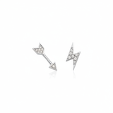 white gold arrow and lightning bolt stud earrings on white background