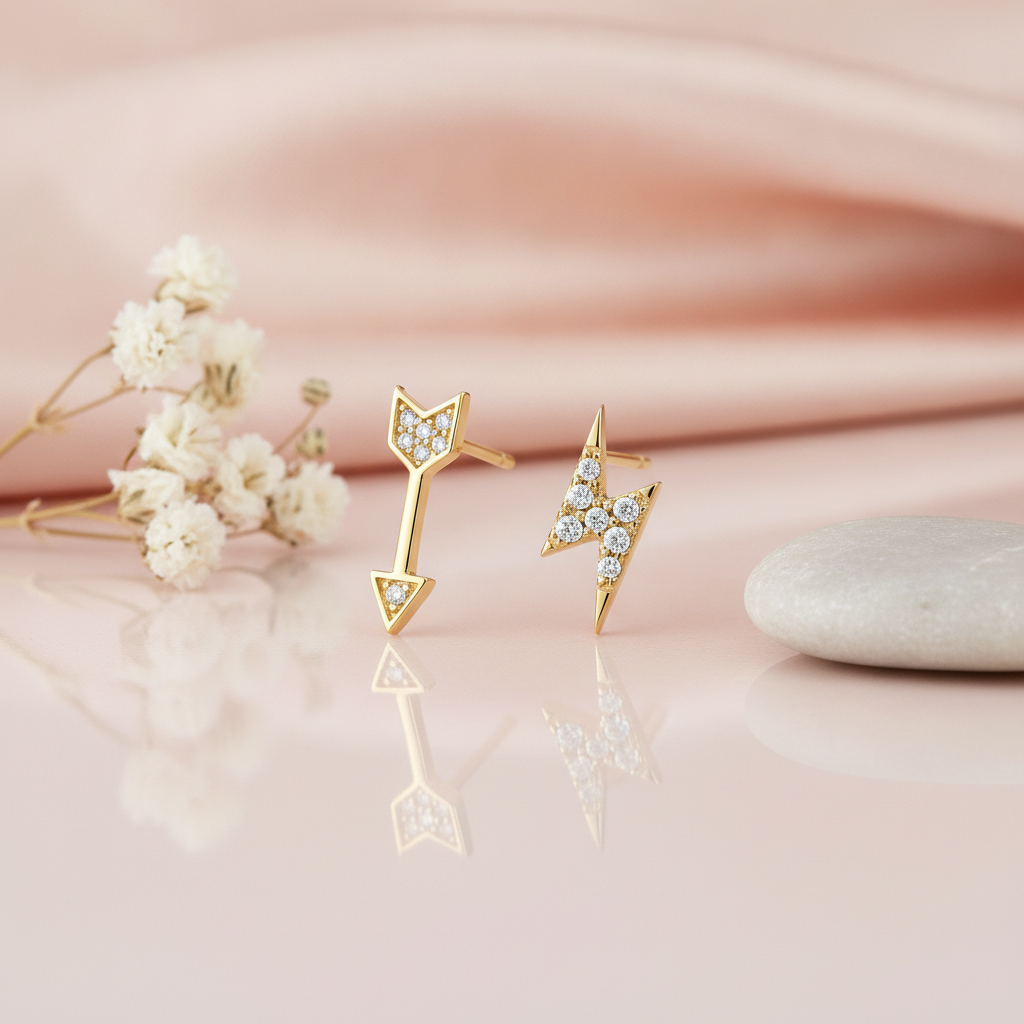 gold arrow and lightning bolt stud earrings with pave clear stones, styled with dried baby's breath and a smooth stone on a blush background