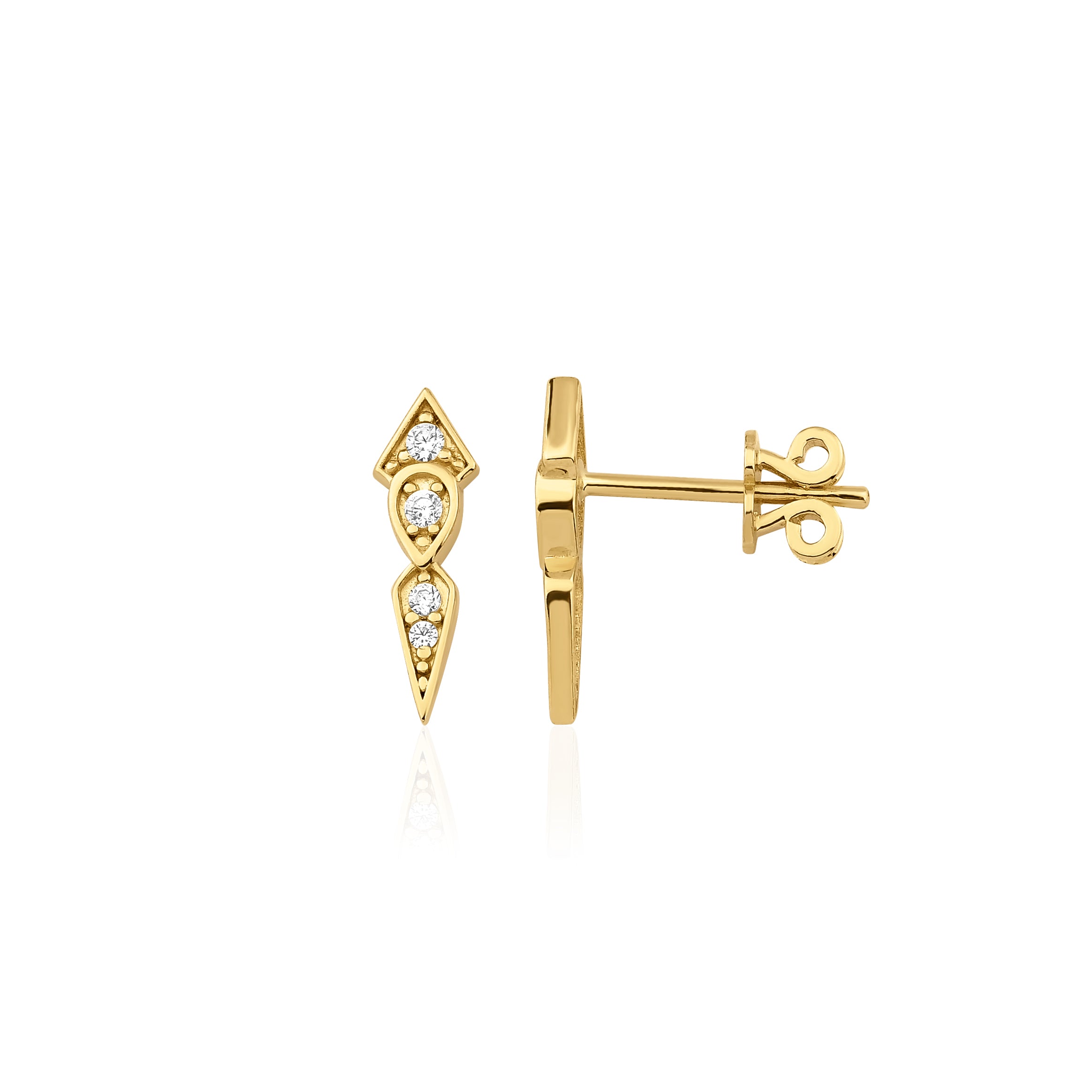 yellow gold tapered geometric drop stud earrings on white background