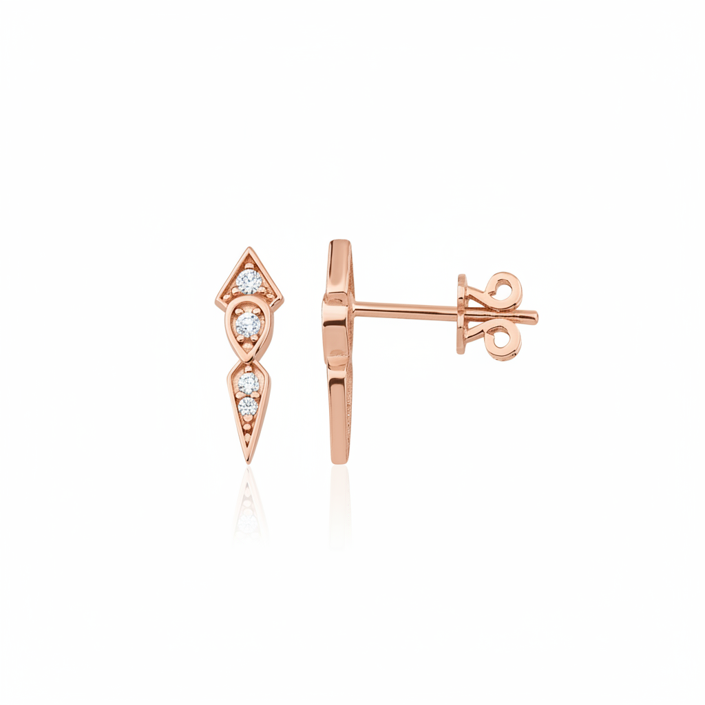 rose gold tapered geometric drop stud earrings on white background