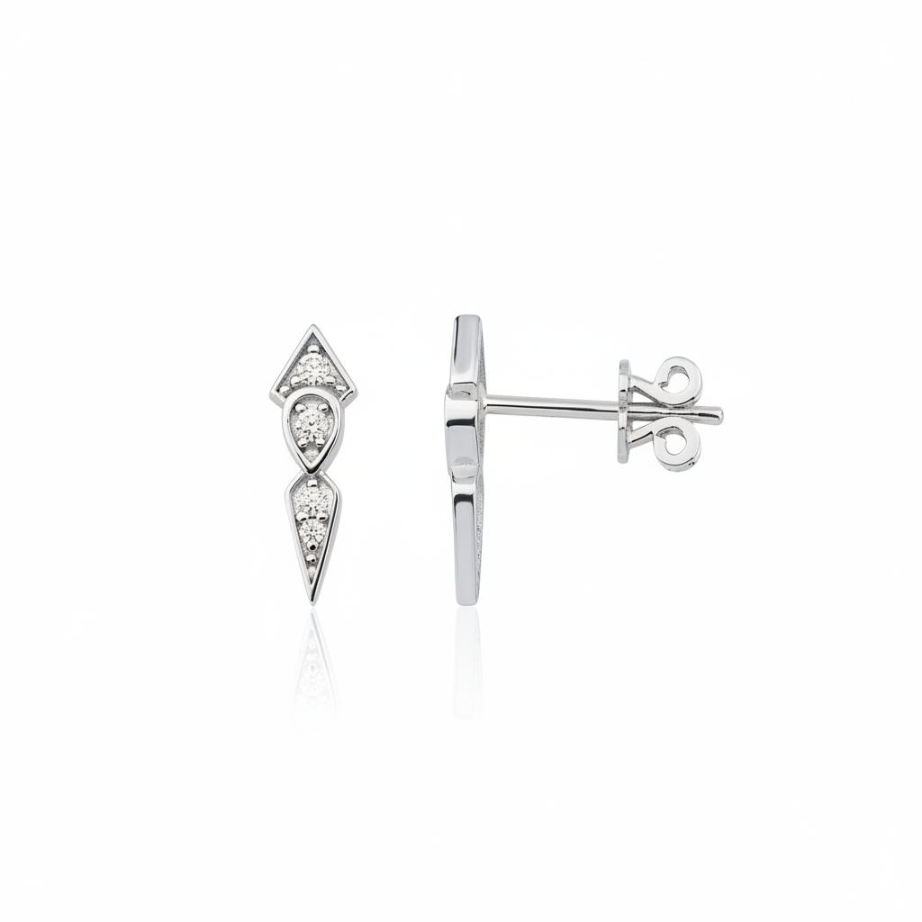 white gold tapered geometric drop stud earrings on white background