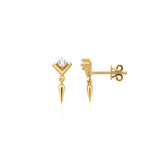 yellow gold chevron stud earring with spike drop on white background