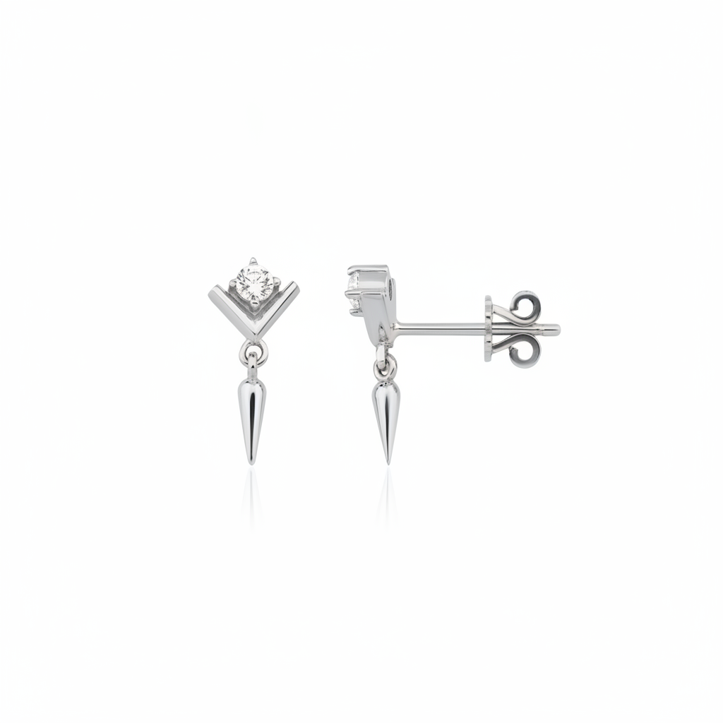 white gold chevron stud earring with spike drop on white background