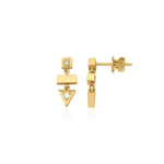 yellow gold geometric stacked drop earrings on white background