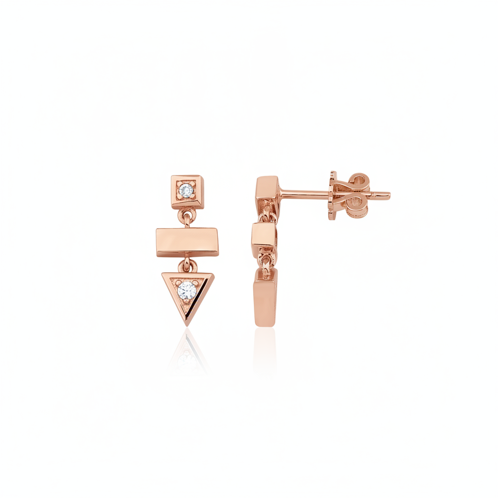rose gold geometric stacked drop earrings on white background