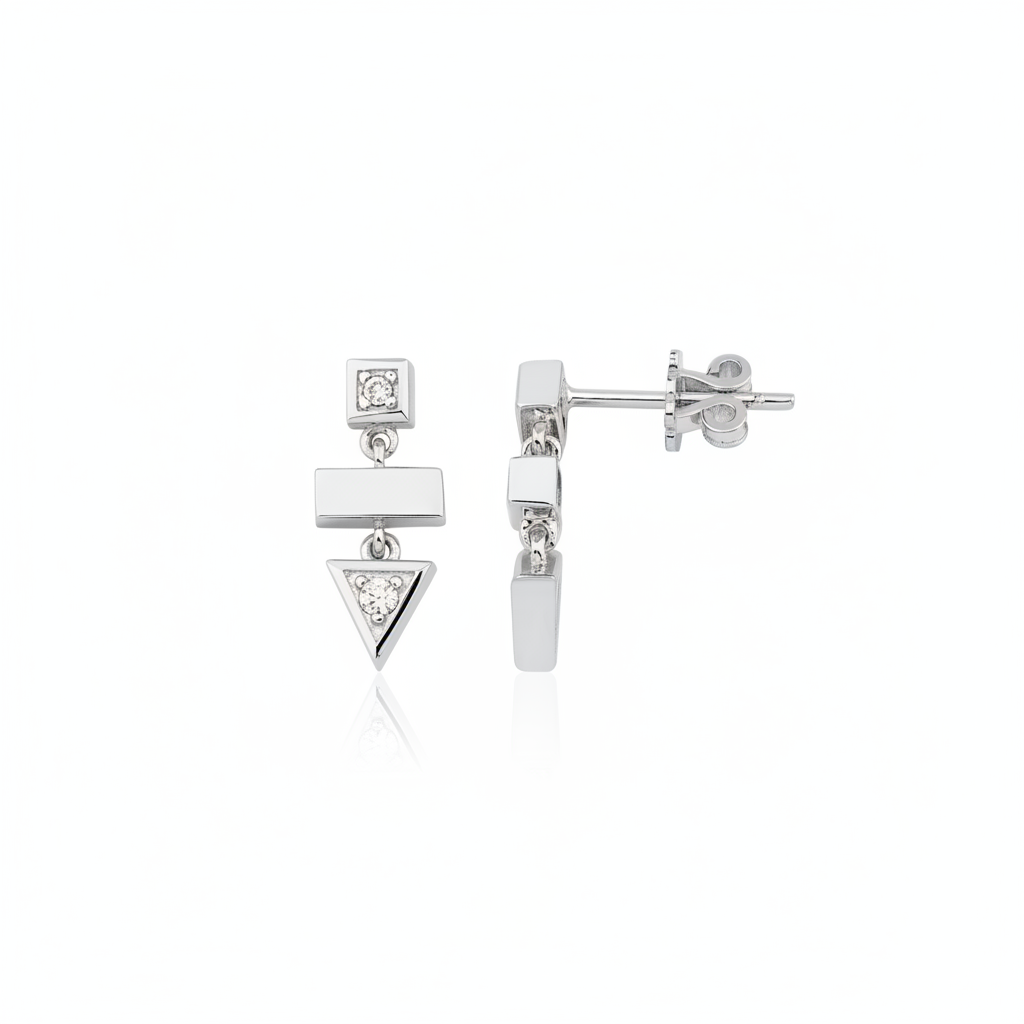 white gold geometric stacked drop earrings on white background